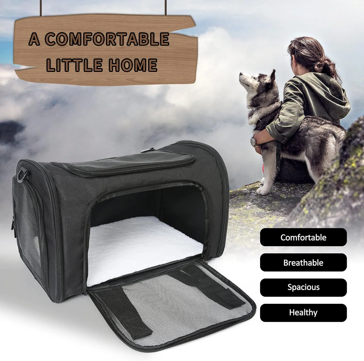 Mile High Life | Outdoor Travel Pet Carrier | Kitty Puppy Cat Carriers | Collapsible Dog Carrier for Small Medium Dogs | Cat Crates w Breathable Mesh with Soft-Sided (Black, Medium)