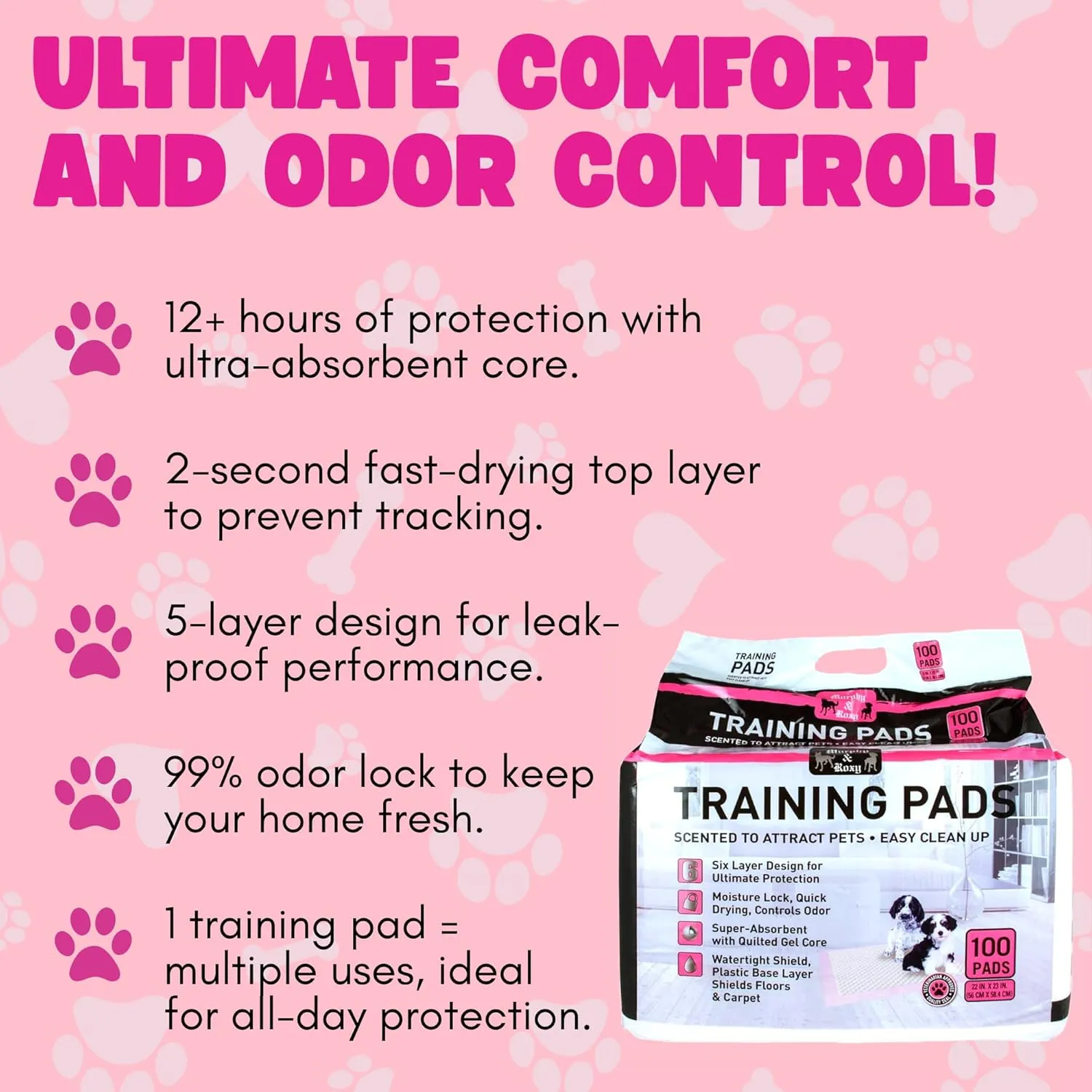 Murphy & Roxy Dog Training Pads  Extra-Large Absorbent Pee Pads for Dogs, Puppies, and Cats, Leak-Proof Backing and Odor Control, Unscented, 100 Count (26x30 Inches)