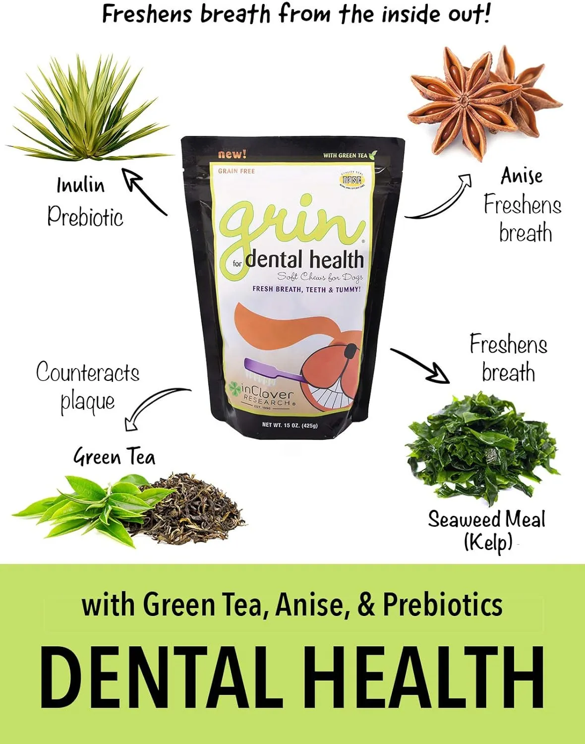 Natural Dental Treat Chew for Dogs, Grin, Fresh Breath Dog Chew Treat with Prebiotics, Fresh Breath Tartar Control Chew for Dogs, Daily Chew Supplement for Dogs Supports Dog Gums and Teeth