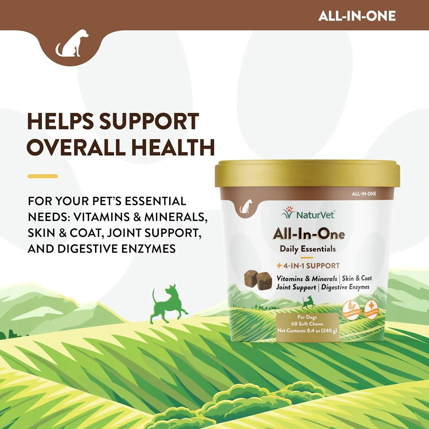 NaturVet All-in-One Dog Supplement - for Joint Support, Digestion, Skin, Coat Care  Dog Multivitamins with Minerals, Omega-3, 6, 9  Wheat-Free Vitamins for Dogs  60 Soft Chews