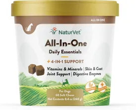 NaturVet All-in-One Dog Supplement - for Joint Support, Digestion, Skin, Coat Care  Dog Multivitamins with Minerals, Omega-3, 6, 9  Wheat-Free Vitamins for Dogs  60 Soft Chews