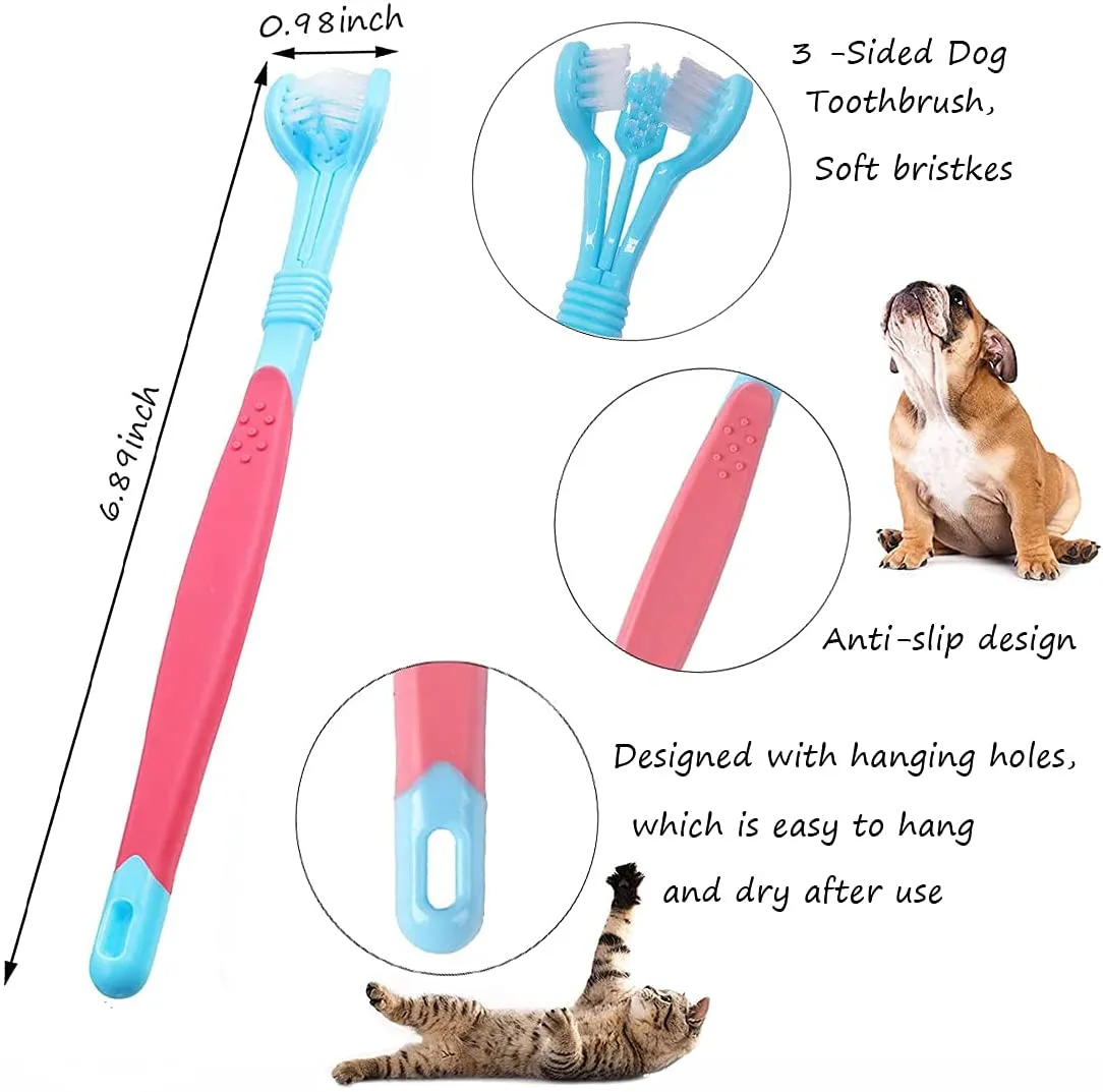 New Dog/Cat Tooth Brushing Kit,Pet Toothbrush Kit,Professional 3 Sided Dog/Cat Toothbrush, Finger Toothbrush,Long Handle Toothbrush,Metal Tools Included,Complete Tooth Cleaning Kit for Pets(15Pcs)