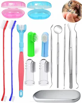 New Dog/Cat Tooth Brushing Kit,Pet Toothbrush Kit,Professional 3 Sided Dog/Cat Toothbrush, Finger Toothbrush,Long Handle Toothbrush,Metal Tools Included,Complete Tooth Cleaning Kit for Pets(15Pcs)