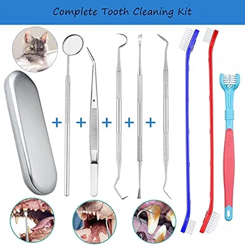 New Dog/Cat Tooth Brushing Kit,Pet Toothbrush Kit,Professional 3 Sided Dog/Cat Toothbrush, Finger Toothbrush,Long Handle Toothbrush,Metal Tools Included,Complete Tooth Cleaning Kit for Pets(15Pcs)