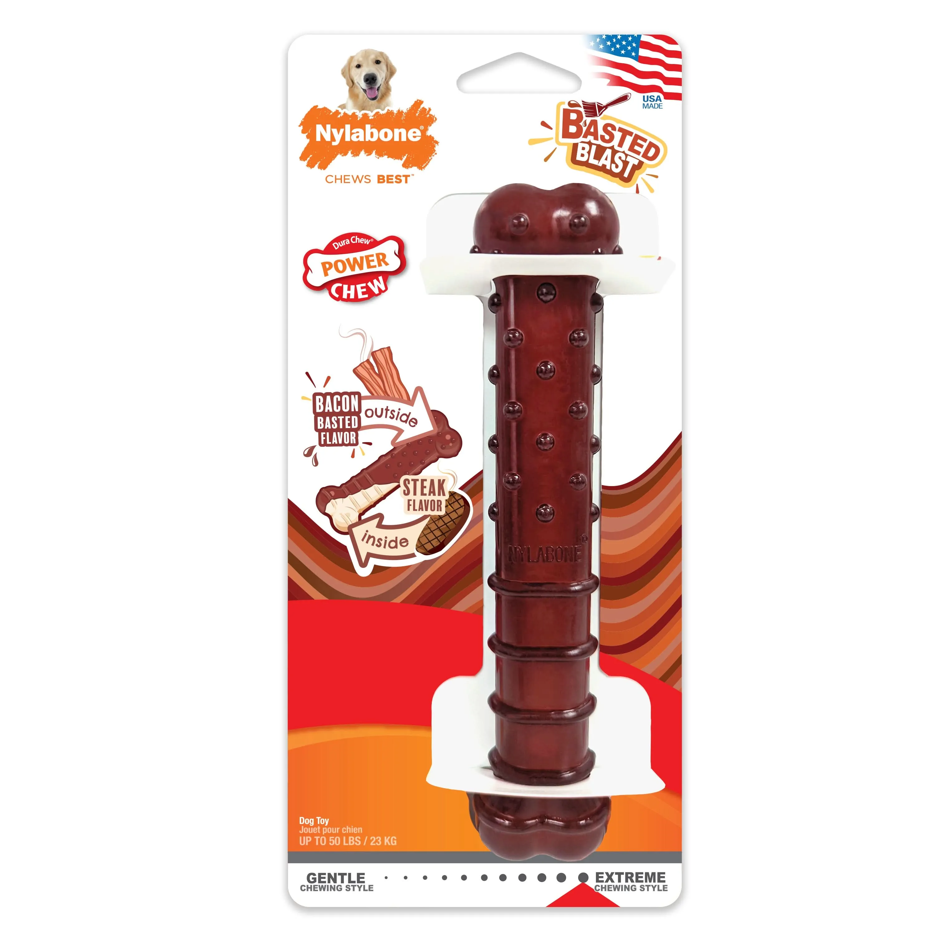 Nylabone Power Chew Basted Blast Dual Flavored Dog Chew Toys Bacon & Steak Large/Giant - Up to 50 lbs. (1 Count)