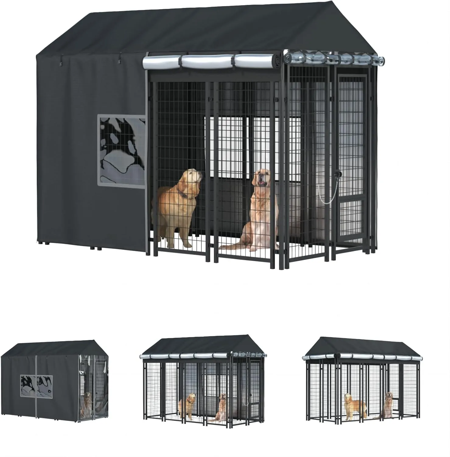 Outdoor Dog Kennel Cover - Full Coverage for 8'Dx4'Wx6'H Dog Cages, 600D Heavy Duty Waterproof Kennel Cover, Black