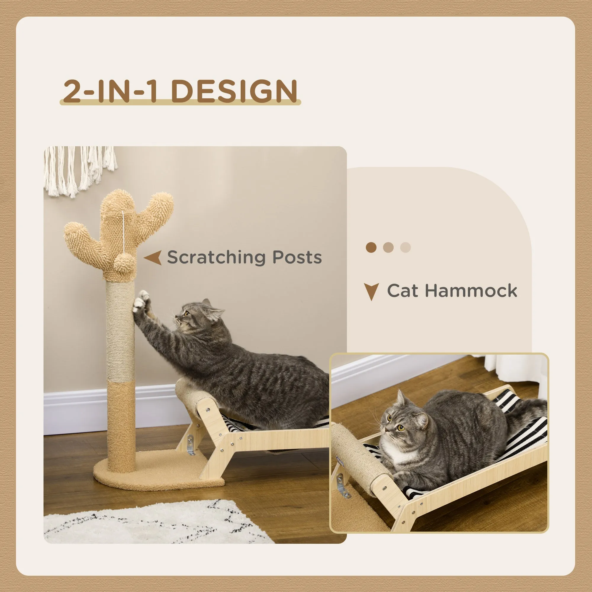 PawHut 2 in 1 Cat Condo Tree Tower with Cactus Post, Ball, Hammock Bed - Brown