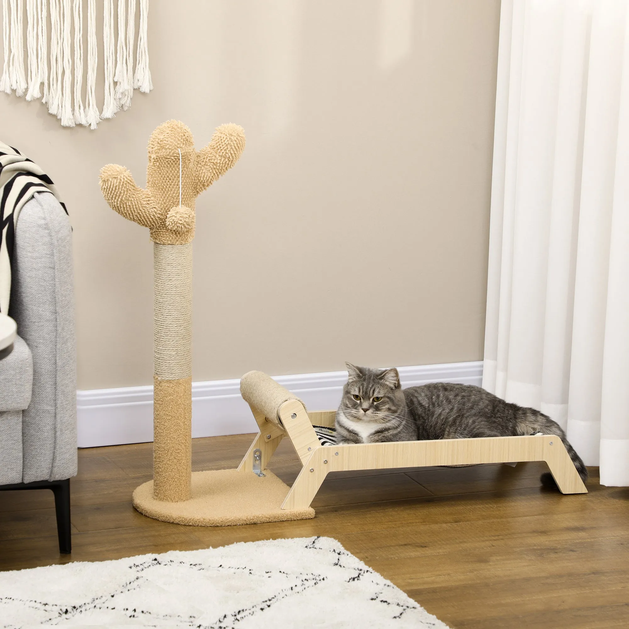 PawHut 2 in 1 Cat Condo Tree Tower with Cactus Post, Ball, Hammock Bed - Brown