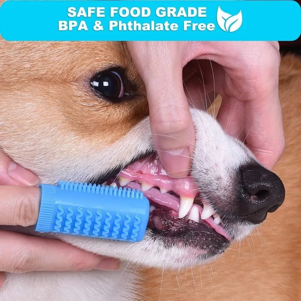 Pet Finger Toothbrush Set, 4 Pack, Silicone Dog & Cat Dental Care Brushes with Storage Cases, Blue & Orange