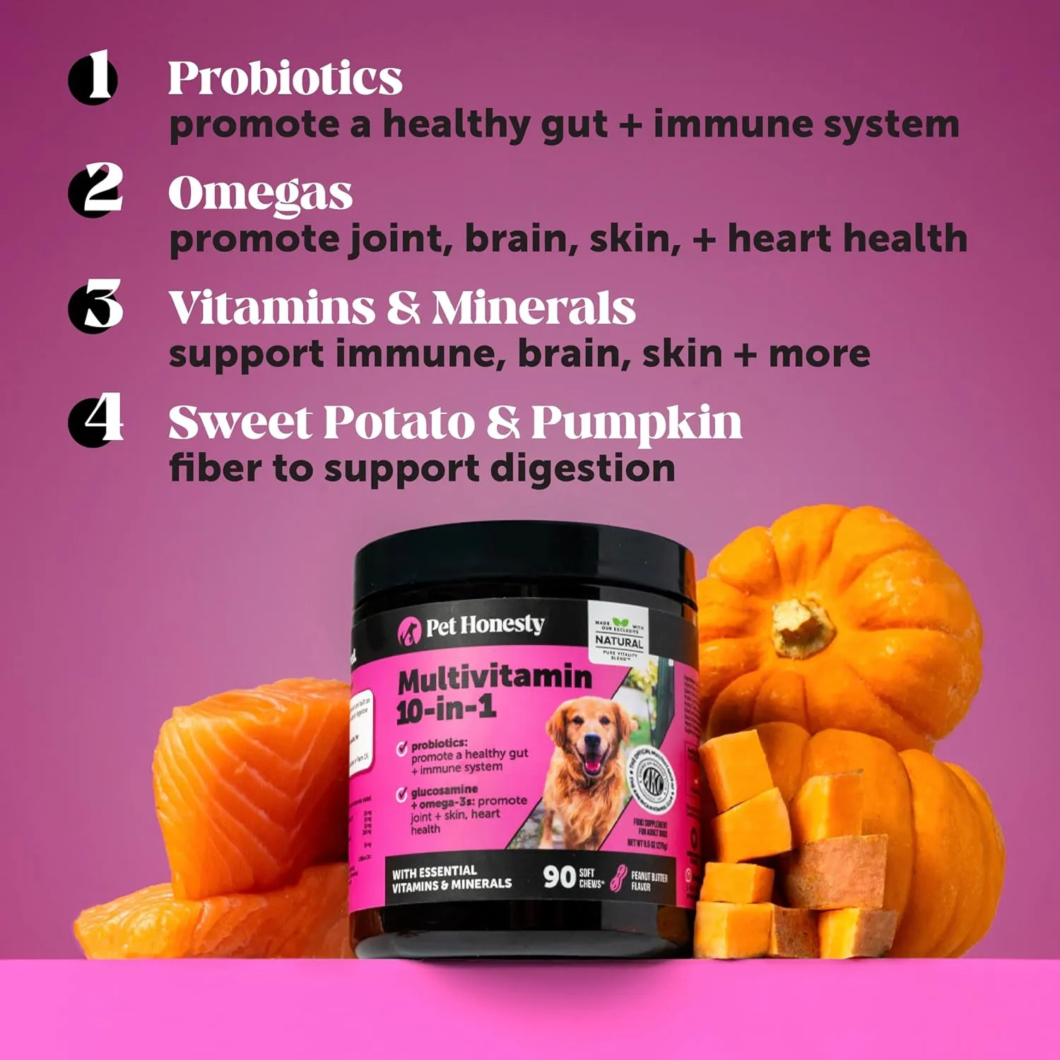 Pet Honesty Dog Multivitamin Max Strength - 15 in 1 Vitamins for Health & Heart - Essentials Fish Oil, Glucosamine, Probiotics, Omega Fish Oil - Multivitamins Supplements for Skin and Coat