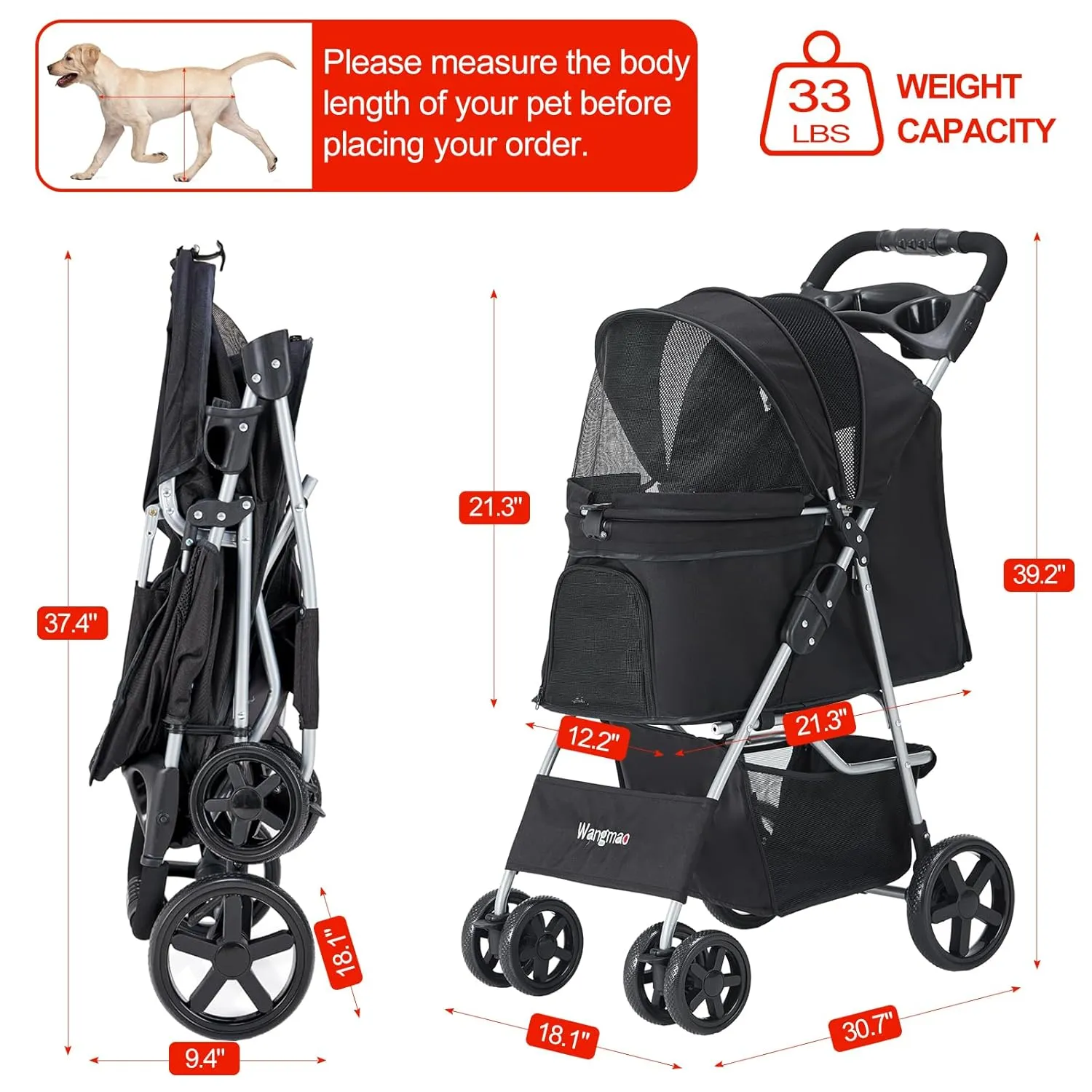 Pet Stroller for Medium Small Dogs and Cats, Folding Puppy Stroller Dog Cat Cage Jogger with Cup Holder and Storage Basket, 4 Wheels, Black