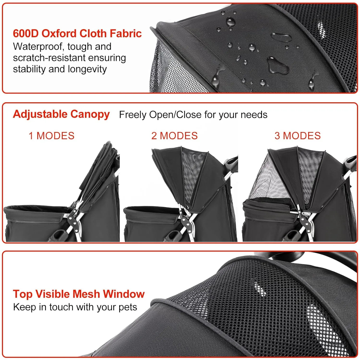 Pet Stroller for Medium Small Dogs and Cats, Folding Puppy Stroller Dog Cat Cage Jogger with Cup Holder and Storage Basket, 4 Wheels, Black