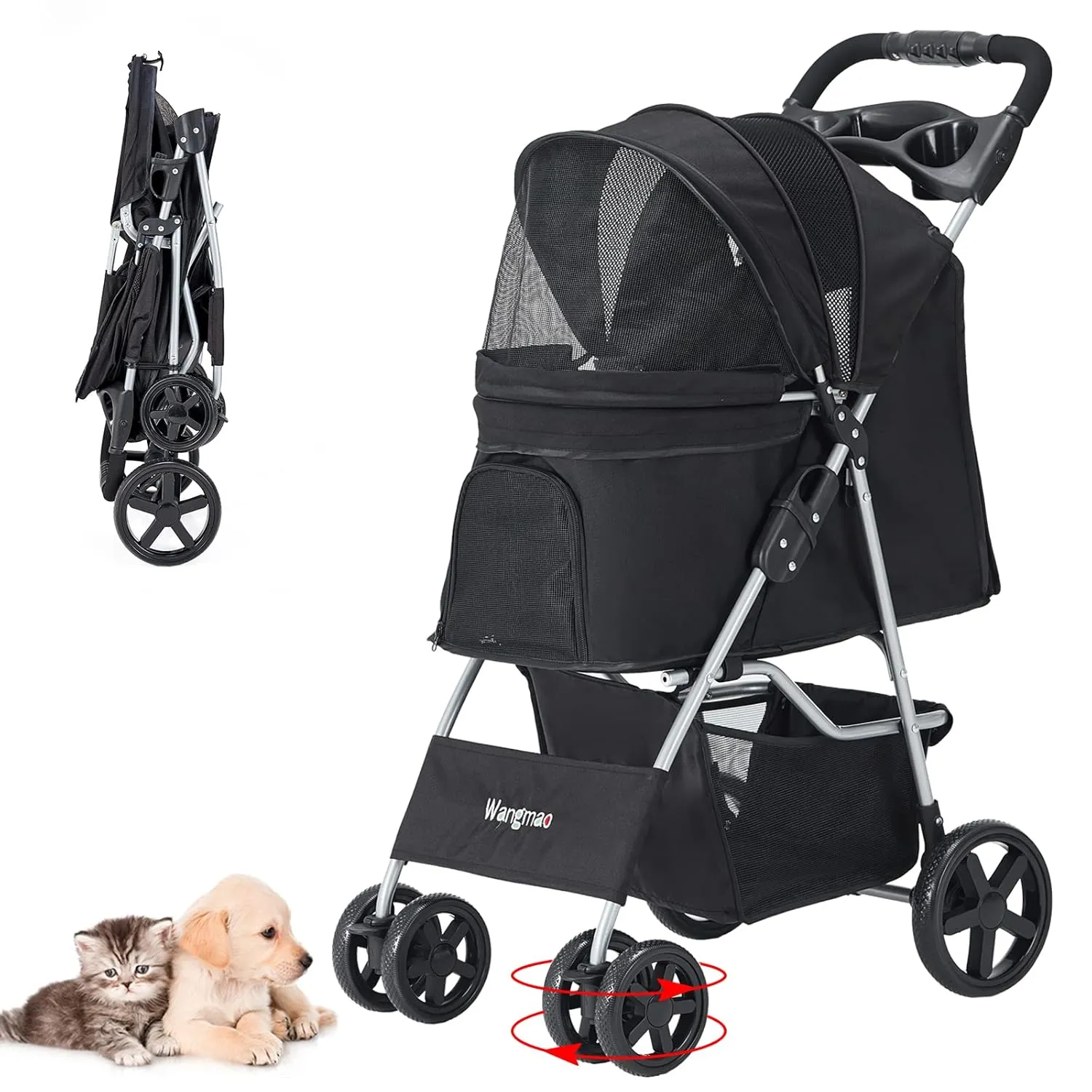 Pet Stroller for Medium Small Dogs and Cats, Folding Puppy Stroller Dog Cat Cage Jogger with Cup Holder and Storage Basket, 4 Wheels, Black