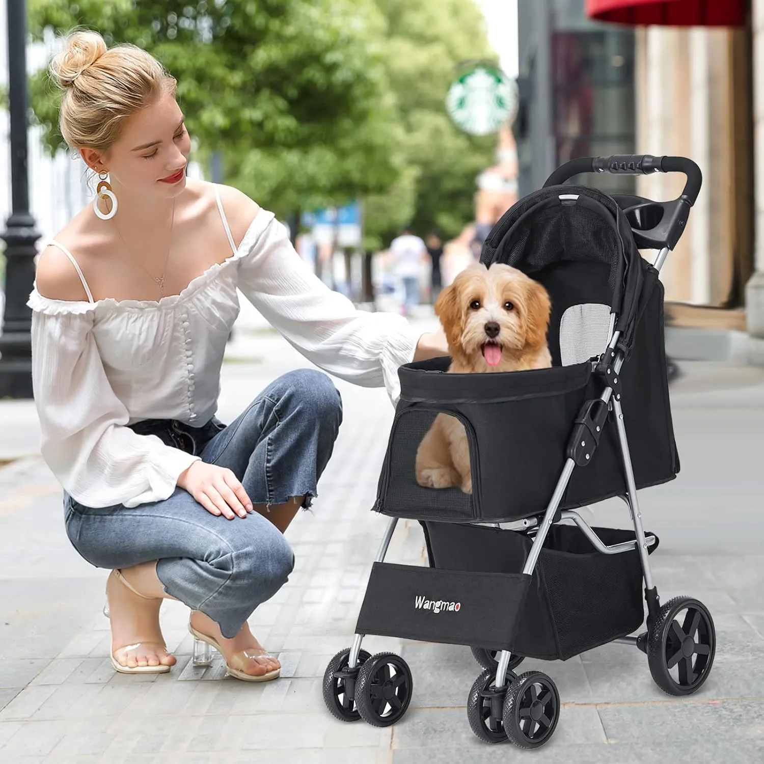 Pet Stroller for Medium Small Dogs and Cats, Folding Puppy Stroller Dog Cat Cage Jogger with Cup Holder and Storage Basket, 4 Wheels, Black