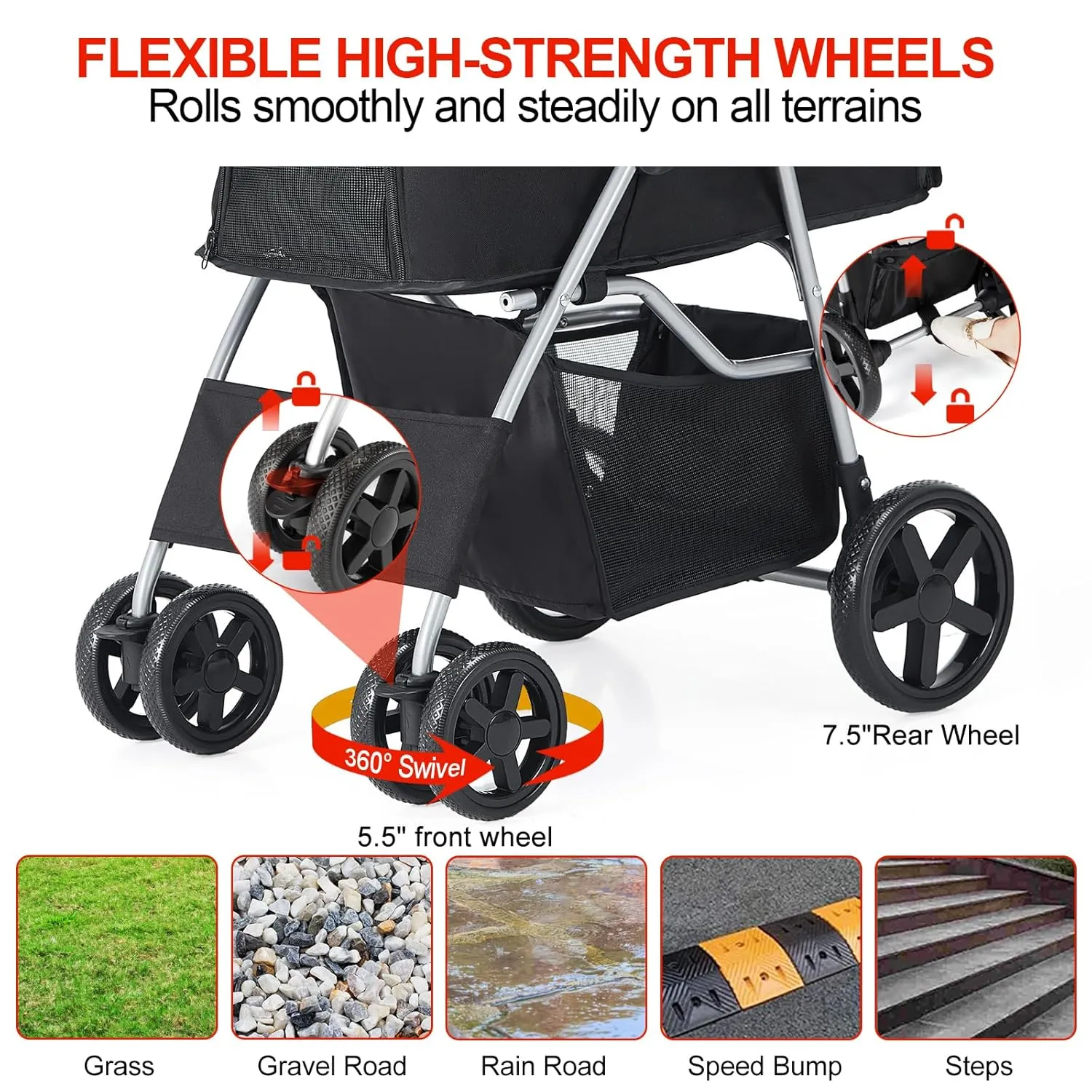 Pet Stroller for Medium Small Dogs and Cats, Folding Puppy Stroller Dog Cat Cage Jogger with Cup Holder and Storage Basket, 4 Wheels, Black