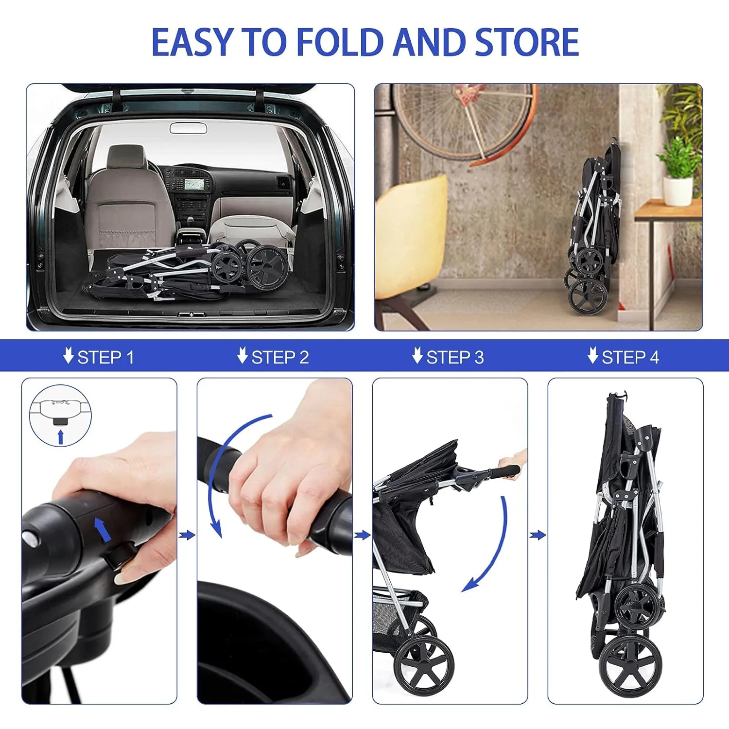Pet Stroller for Medium Small Dogs and Cats, Folding Puppy Stroller Dog Cat Cage Jogger with Cup Holder and Storage Basket, 4 Wheels, Black