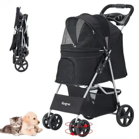 Pet Stroller for Medium Small Dogs and Cats, Folding Puppy Stroller Dog Cat Cage Jogger with Cup Holder and Storage Basket, 4 Wheels, Black