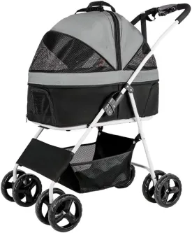 Pet stroller with zipped canopy for dogs and cats to go out,detachable pet trolley,portable cabin bag,foldable,4 wheels push cart with swivel front wheel,rear wheel with brakes