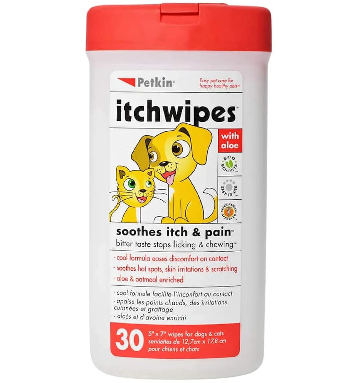 Petkin Anti Itch Wipes for Dogs and Cats, 60 Wipes, 2 Pack - Soothes Hot Spots, Skin Irritations and Scratching - Bitter Taste Stops Licking and Chewing - Super Convenient, Ideal for Home or Travel