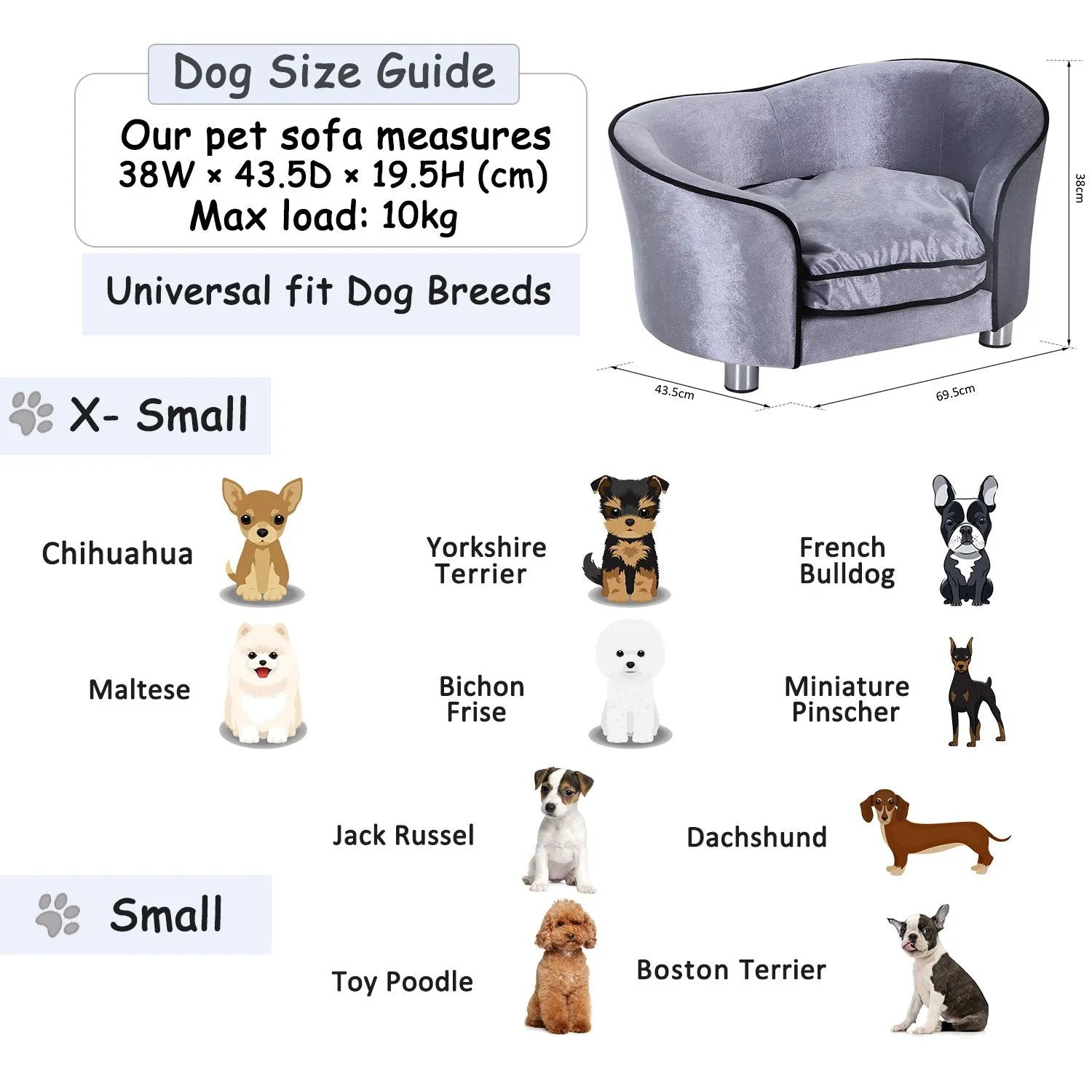 Pets Evelated Wooden Sofa Bed with Plush Cushion Silver Grey