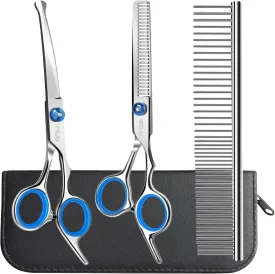 Professional 4 in 1 Dog Grooming Scissors Kit with Safety Round Tips, Sharp and Durable Pet Grooming Shears for Dogs and Cats.