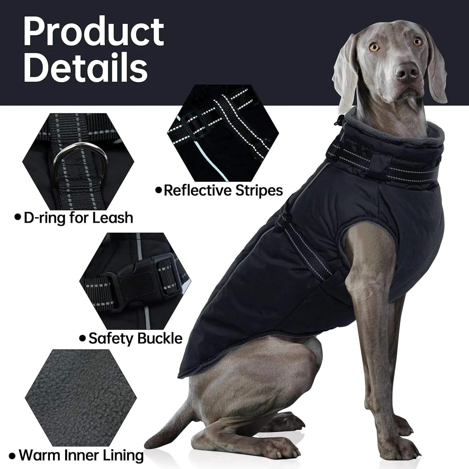 PUMYPOREITY Large Dog Coat, Warm Dog Coat with Harness Built in, Reflective Winter Dog Coat, Waterproof Dog Snow Coat, Fleece Lined Winter Dog Jackets for Large Dogs, French Bulldog,Beagle,Black, L