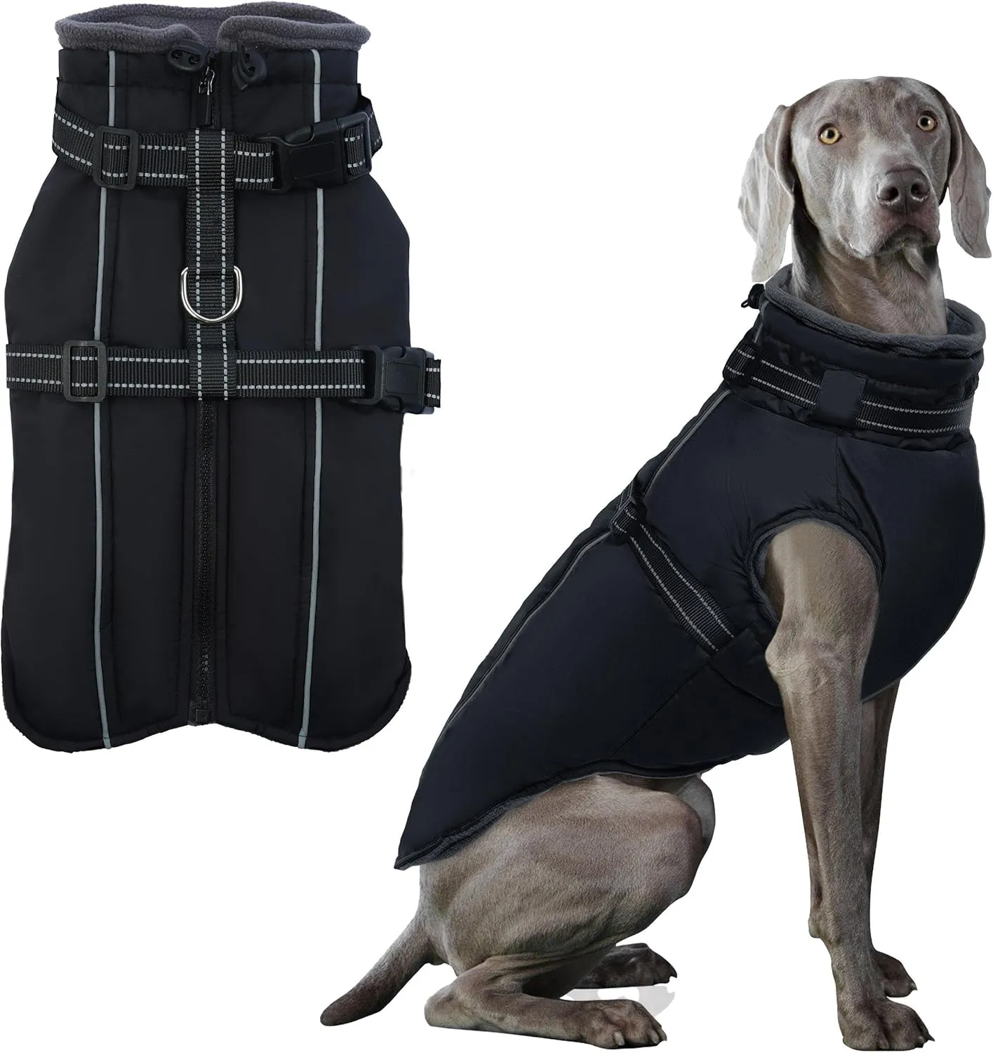 PUMYPOREITY Large Dog Coat, Warm Dog Coat with Harness Built in, Reflective Winter Dog Coat, Waterproof Dog Snow Coat, Fleece Lined Winter Dog Jackets for Large Dogs, French Bulldog,Beagle,Black, L