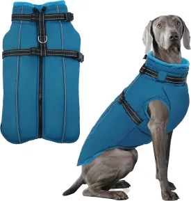 PUMYPOREITY Large Dog Coat, Warm Dog Coat with Harness Built in, Reflective Winter Dog Coat, Waterproof Dog Snow Coat, Fleece Lined Winter Dog Jackets for Large Dogs, French Bulldog,Beagle,Blue, L