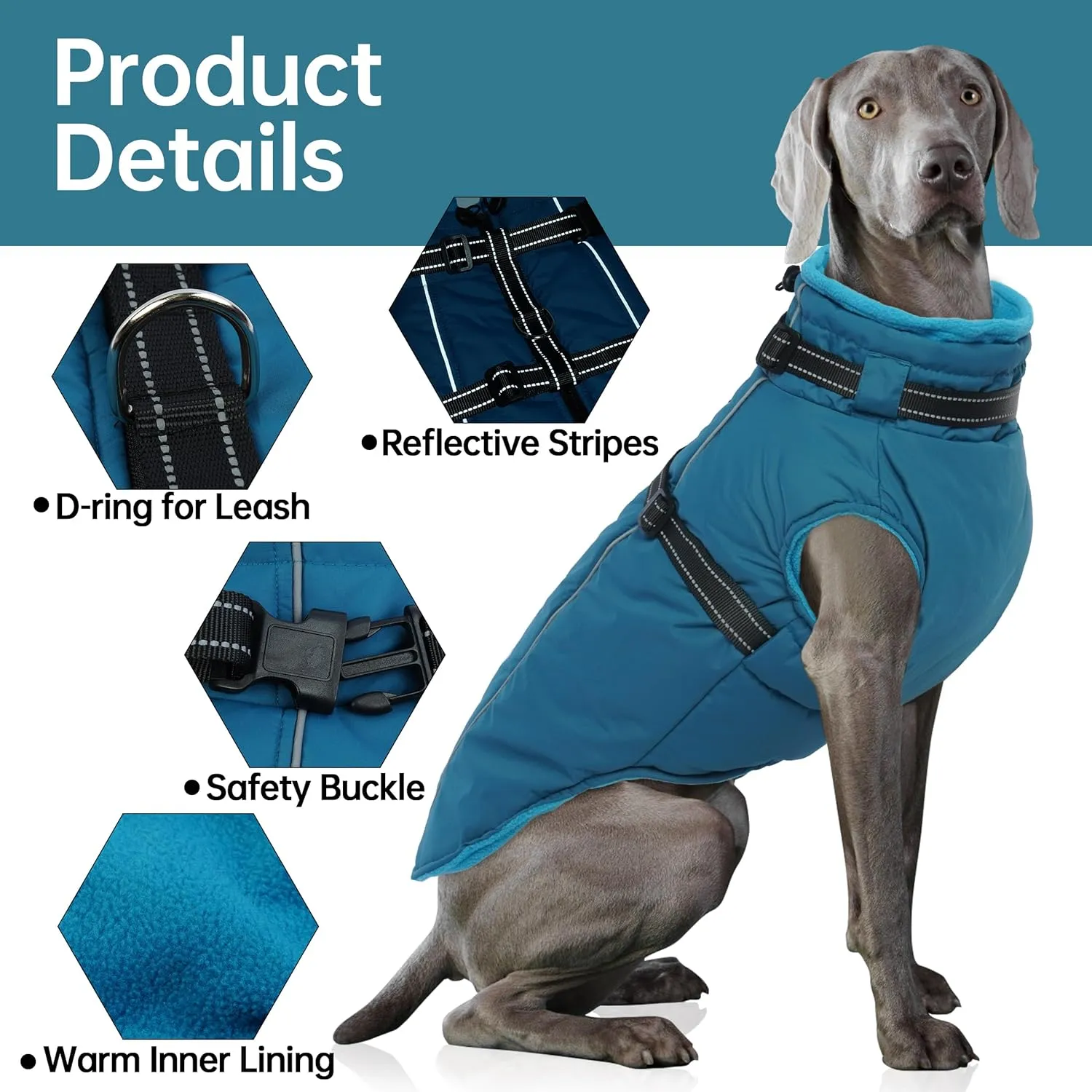 PUMYPOREITY Large Dog Coat, Warm Dog Coat with Harness Built in, Reflective Winter Dog Coat, Waterproof Dog Snow Coat, Fleece Lined Winter Dog Jackets for Large Dogs, French Bulldog,Beagle,Blue, L