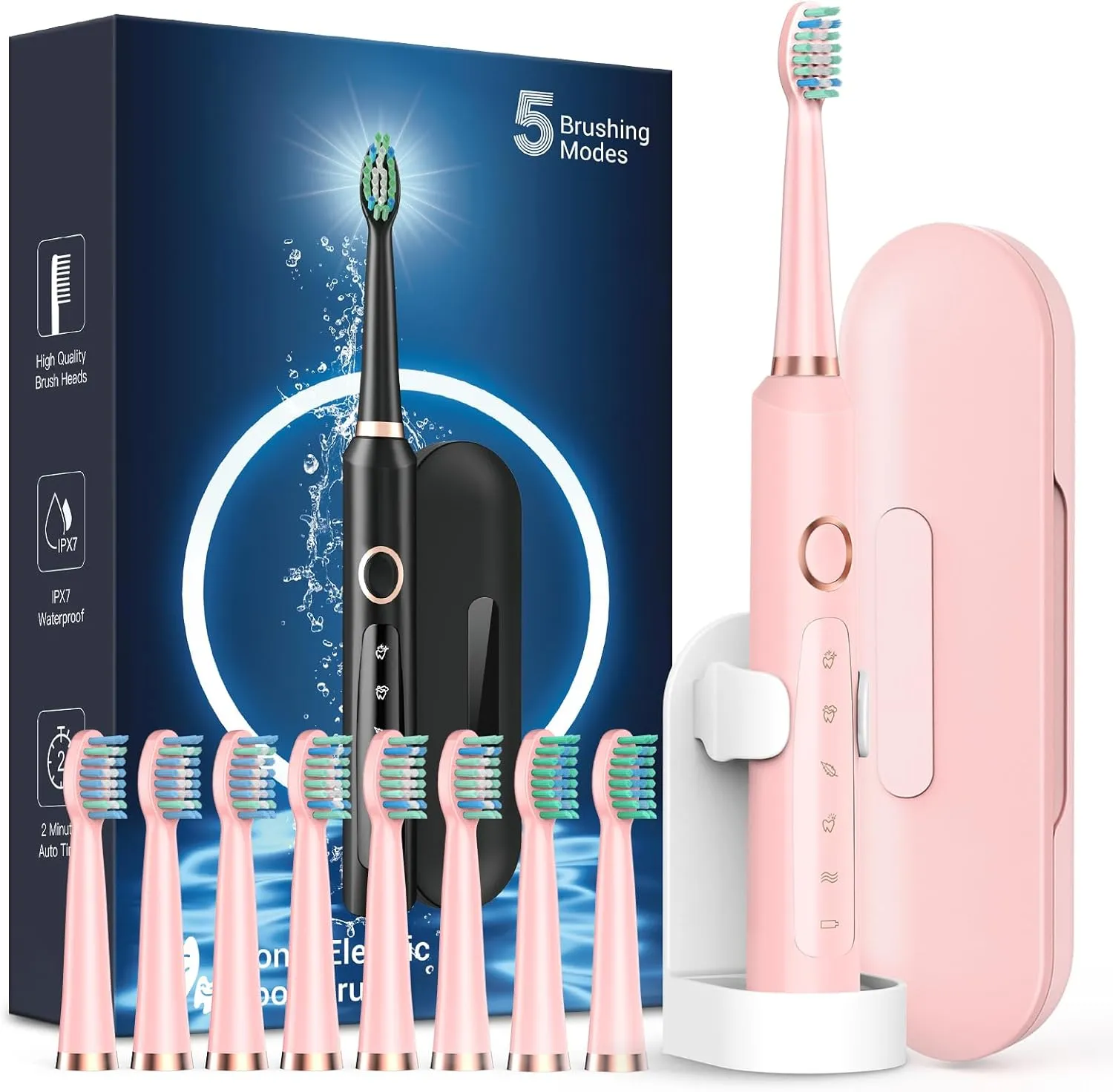 Rtauys M5 Sonic Electric Toothbrush for Adults and Kids - Rechargeable Electric Toothbrush Kids Ages 12  and Adults with 8 Brush Heads & Travel Case, 120 Days Battery Life - Pink