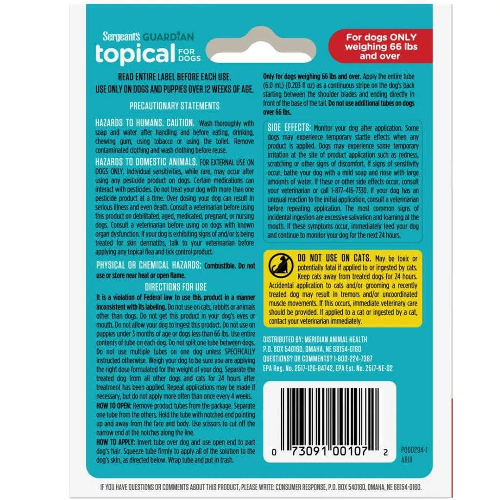 Sergeant's Guardian Flea & Tick Topical for Dogs, 66 lbs and over, 3-month supply