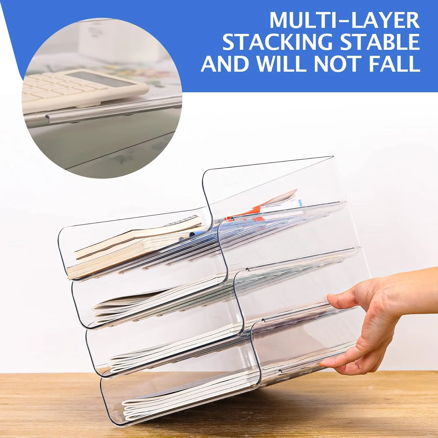 Set of 4 Office Organization and Storage, Clear PET Letter Tray Desk Organizer, Stackable Document and File Paper Organizer for Office Supplies