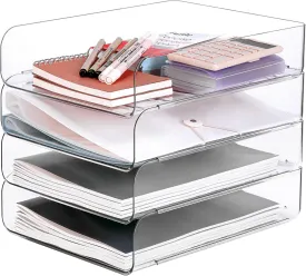 Set of 4 Office Organization and Storage, Clear PET Letter Tray Desk Organizer, Stackable Document and File Paper Organizer for Office Supplies