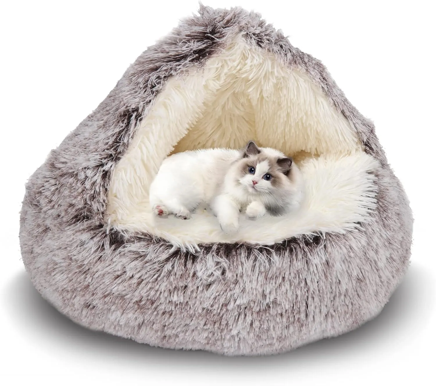 ShinHye Cat Bed Round Plush Fluffy Hooded Cat Bed Cave, Cozy for Indoor Cats or Small Dog beds, Soothing Pet Beds Doughnut Calm Anti-nxiety Dog Bed - Waterproof Bottom Washable, (2323inch, Coffee)