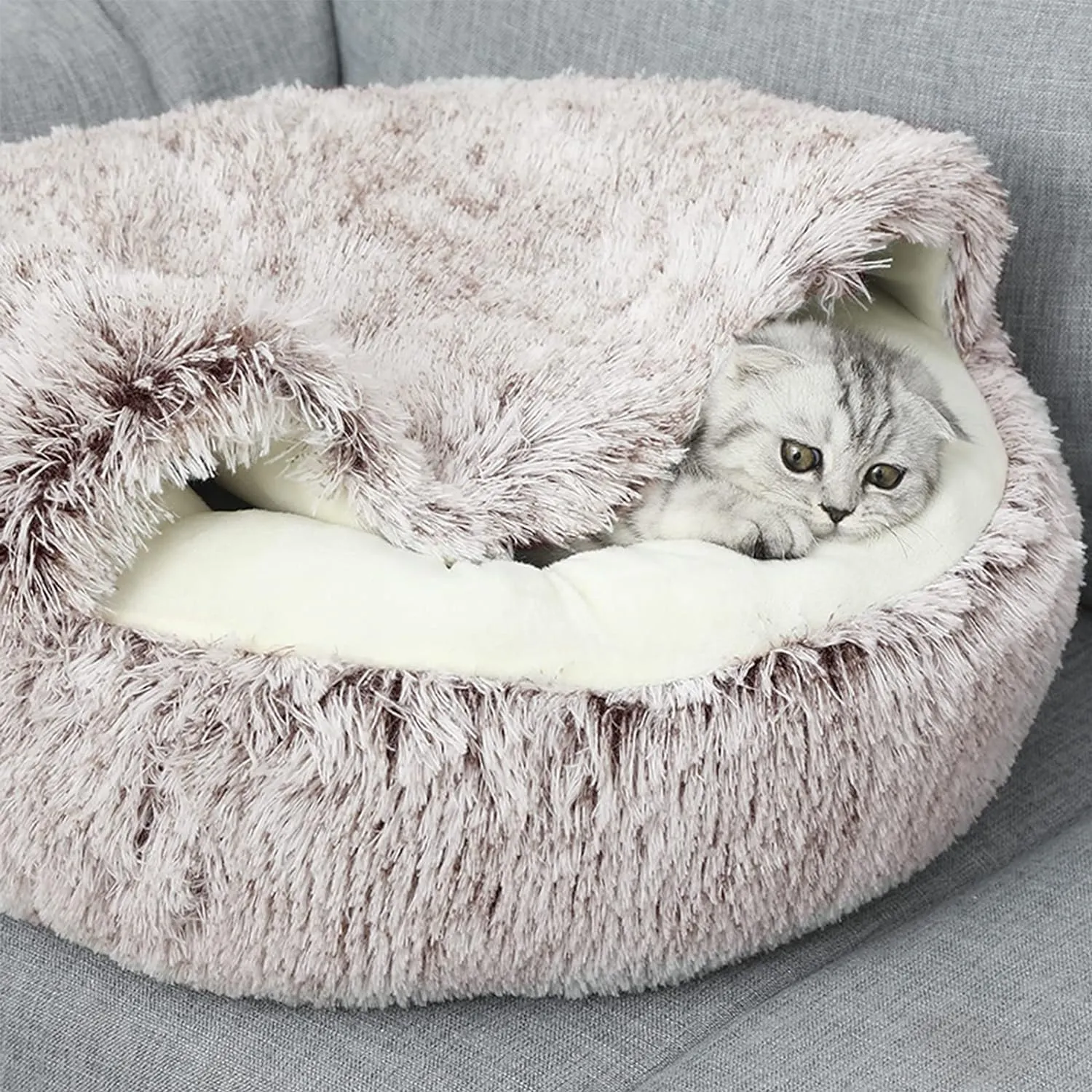 ShinHye Cat Bed Round Plush Fluffy Hooded Cat Bed Cave, Cozy for Indoor Cats or Small Dog beds, Soothing Pet Beds Doughnut Calm Anti-nxiety Dog Bed - Waterproof Bottom Washable, (2323inch, Coffee)