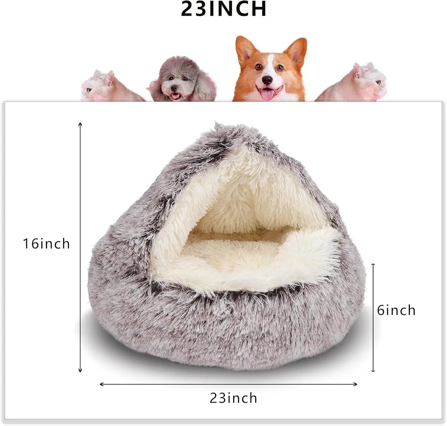 ShinHye Cat Bed Round Plush Fluffy Hooded Cat Bed Cave, Cozy for Indoor Cats or Small Dog beds, Soothing Pet Beds Doughnut Calm Anti-nxiety Dog Bed - Waterproof Bottom Washable, (2323inch, Coffee)