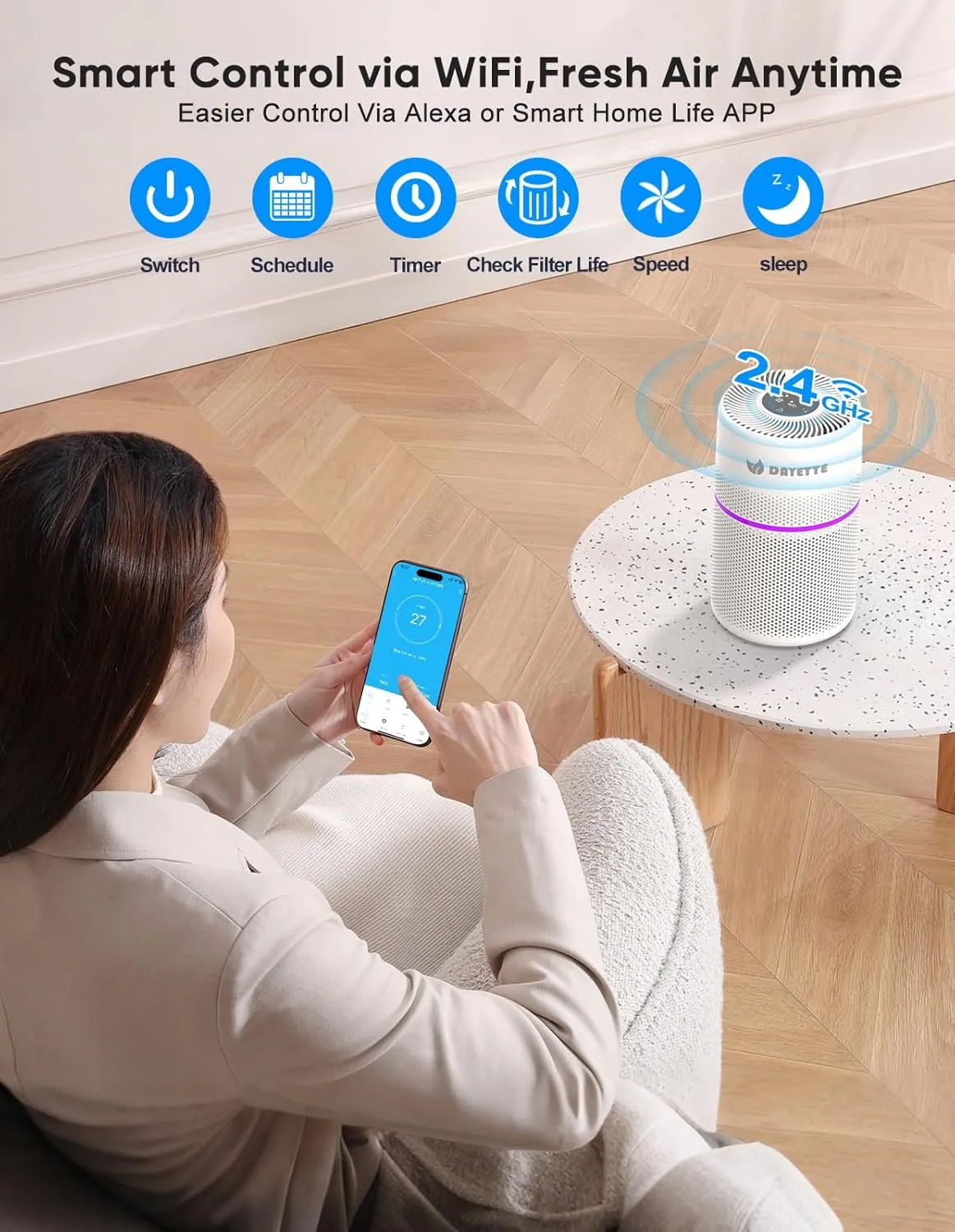 Smart Air Purifiers for Bedroom, DAYETTE 7 Color Light H13 Air Purifier for Home Large Room Up to 1500 Ft, APP Control & 20 dB Sleep Mode 2/4/8 Timer