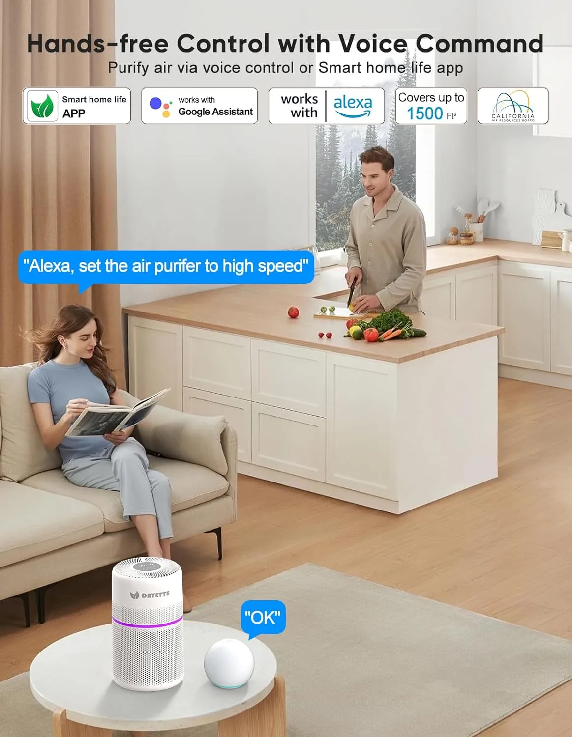 Smart Air Purifiers for Bedroom, DAYETTE 7 Color Light H13 Air Purifier for Home Large Room Up to 1500 Ft, APP Control & 20 dB Sleep Mode 2/4/8 Timer