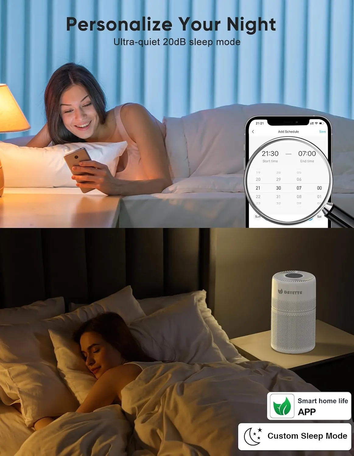 Smart Air Purifiers for Bedroom, DAYETTE 7 Color Light H13 Air Purifier for Home Large Room Up to 1500 Ft, APP Control & 20 dB Sleep Mode 2/4/8 Timer