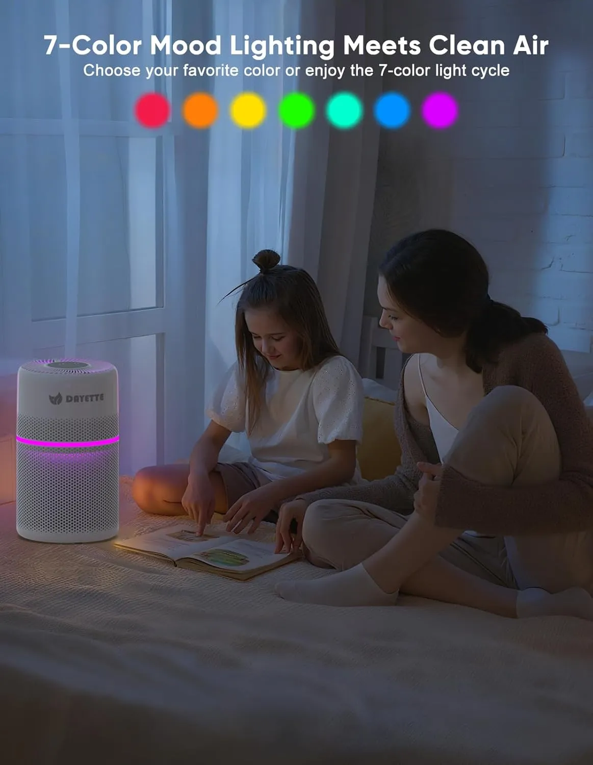 Smart Air Purifiers for Bedroom, DAYETTE 7 Color Light H13 Air Purifier for Home Large Room Up to 1500 Ft, APP Control & 20 dB Sleep Mode 2/4/8 Timer
