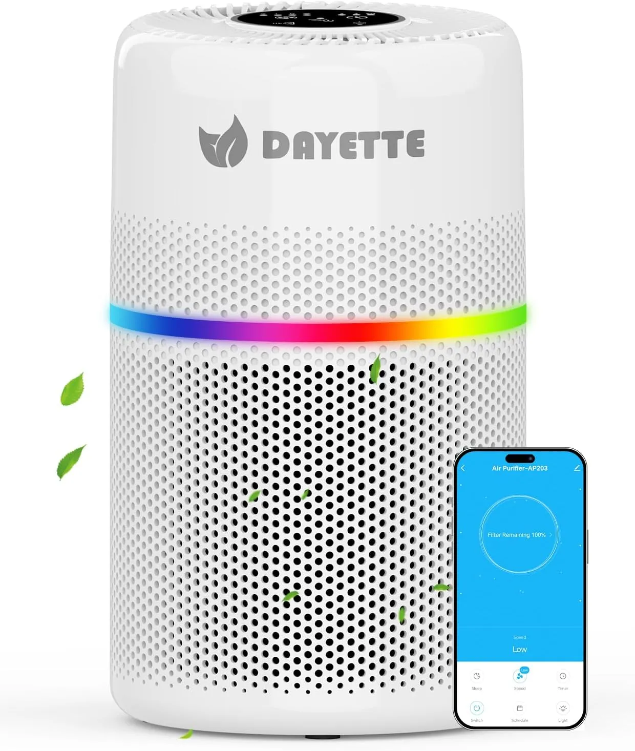 Smart Air Purifiers for Bedroom, DAYETTE 7 Color Light H13 Air Purifier for Home Large Room Up to 1500 Ft, APP Control & 20 dB Sleep Mode 2/4/8 Timer