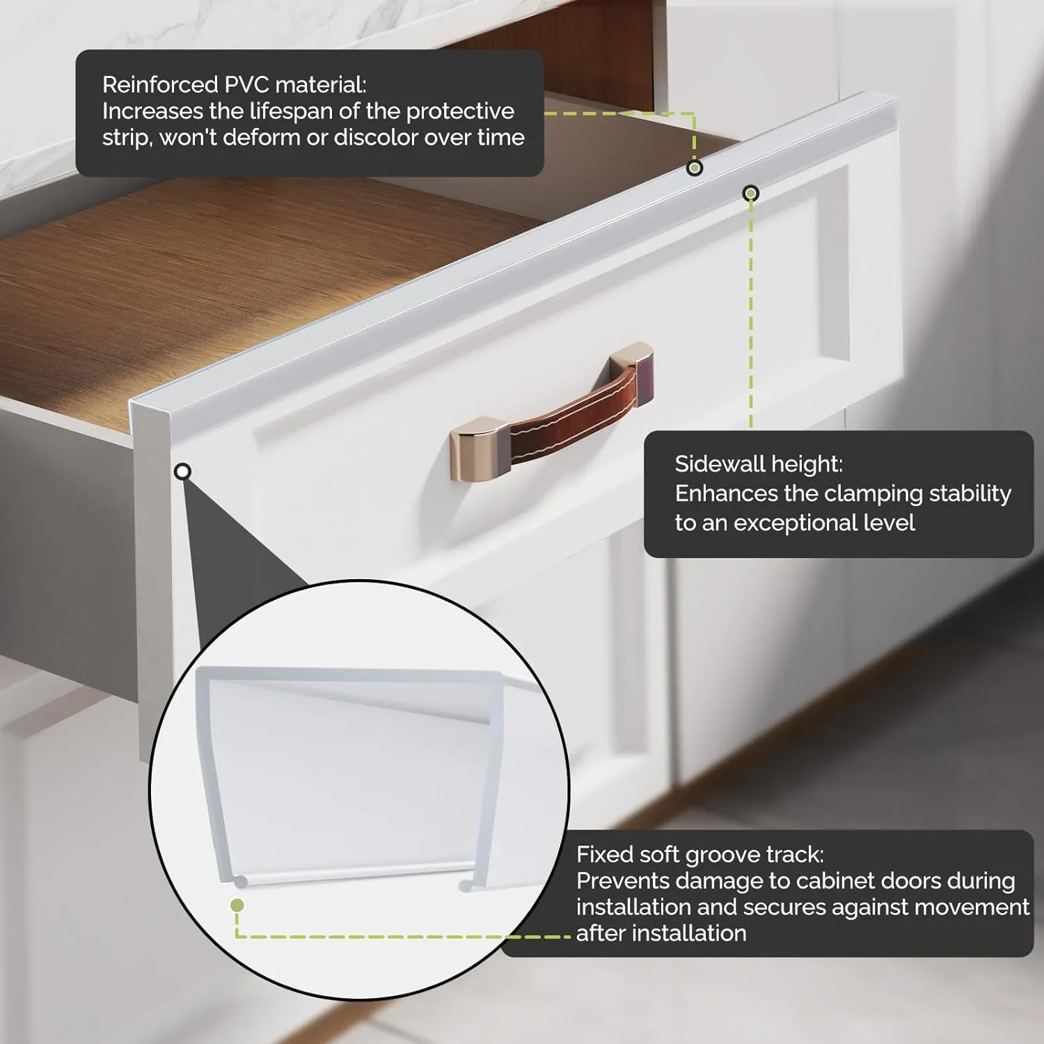 Snugly Fit 18" Length Cabinet Door Protector, Flexible Slip-On Plastic Edge Guard, Thin Transparent Edge Protectors to Prevent Wear, Chipping, Discoloration, Cabinet Bumpers, 3/4" Thick, 2 PCS