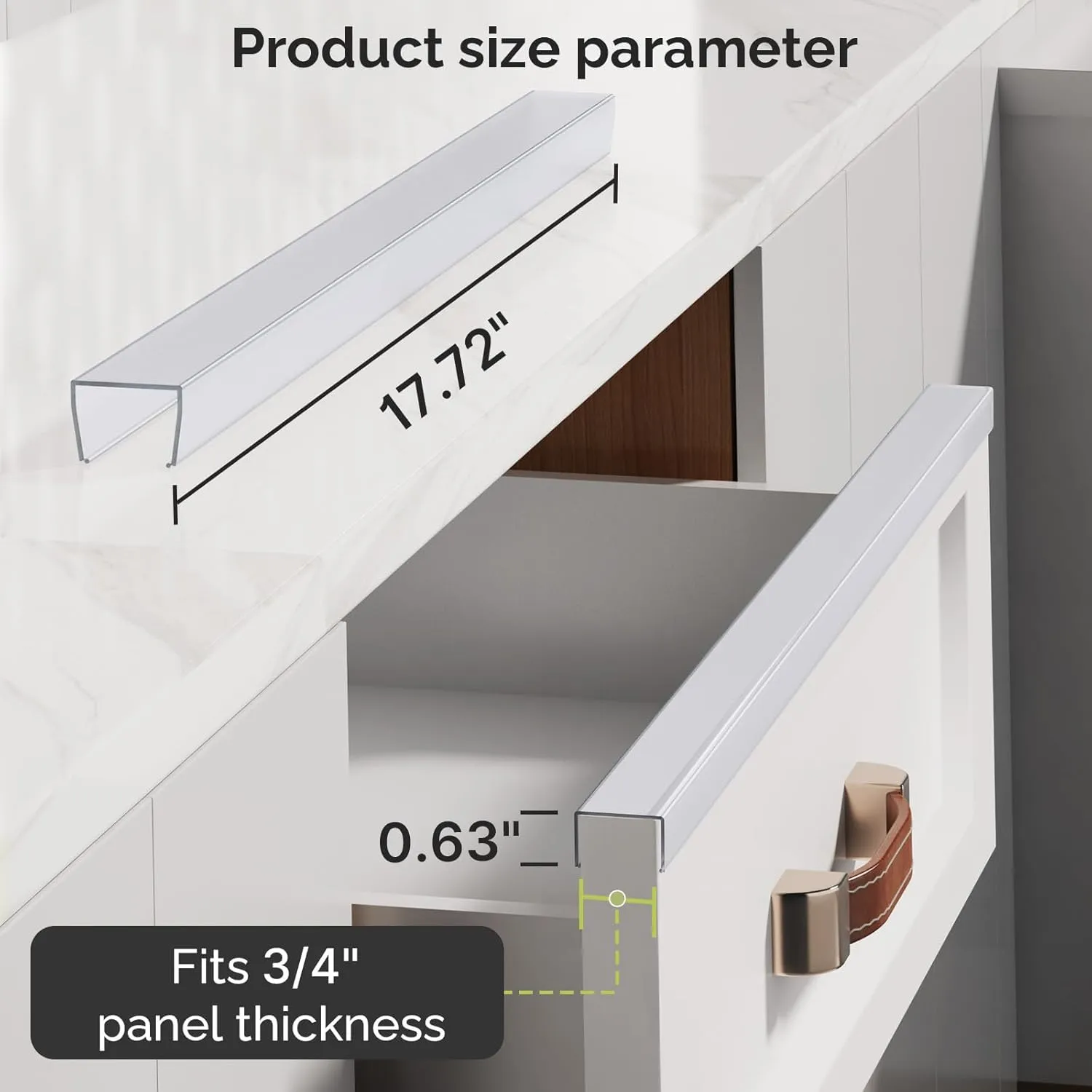 Snugly Fit 18" Length Cabinet Door Protector, Flexible Slip-On Plastic Edge Guard, Thin Transparent Edge Protectors to Prevent Wear, Chipping, Discoloration, Cabinet Bumpers, 3/4" Thick, 2 PCS