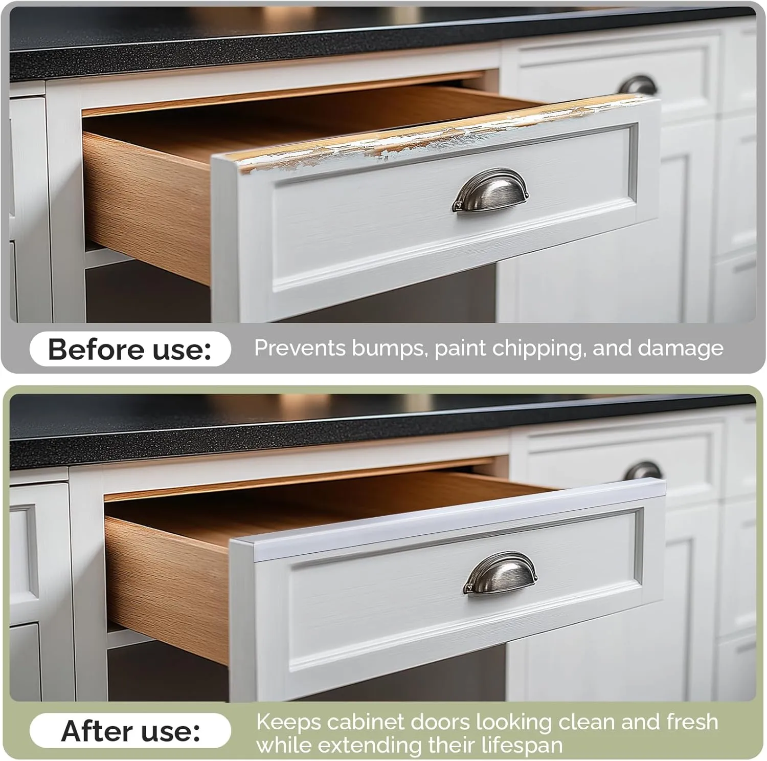 Snugly Fit 18" Length Cabinet Door Protector, Flexible Slip-On Plastic Edge Guard, Thin Transparent Edge Protectors to Prevent Wear, Chipping, Discoloration, Cabinet Bumpers, 3/4" Thick, 2 PCS
