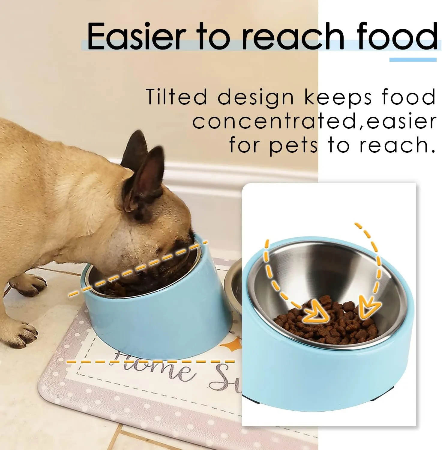 SuperDesign Mess Free 15 Slanted Bowl for Dogs and Cats, Tilted Angle Bulldog Bowl Dog Feeder, Non-Skid & Non-Spill, Easier to Reach Food S/0.5 Cup Blue
