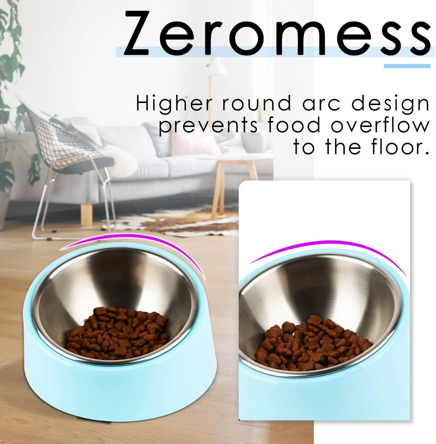 SuperDesign Mess Free 15 Slanted Bowl for Dogs and Cats, Tilted Angle Bulldog Bowl Dog Feeder, Non-Skid & Non-Spill, Easier to Reach Food S/0.5 Cup Blue