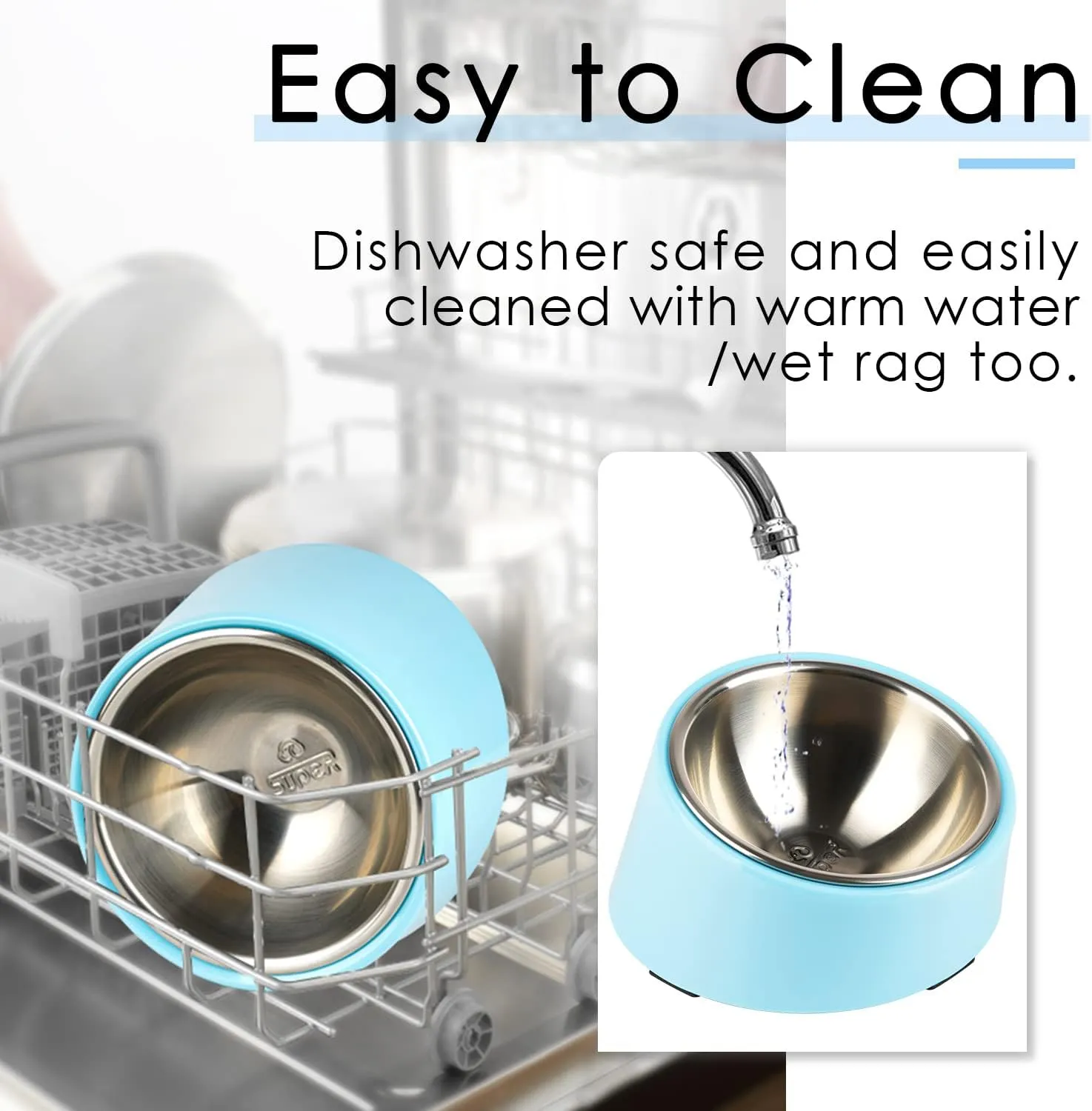 SuperDesign Mess Free 15 Slanted Bowl for Dogs and Cats, Tilted Angle Bulldog Bowl Dog Feeder, Non-Skid & Non-Spill, Easier to Reach Food S/0.5 Cup Blue