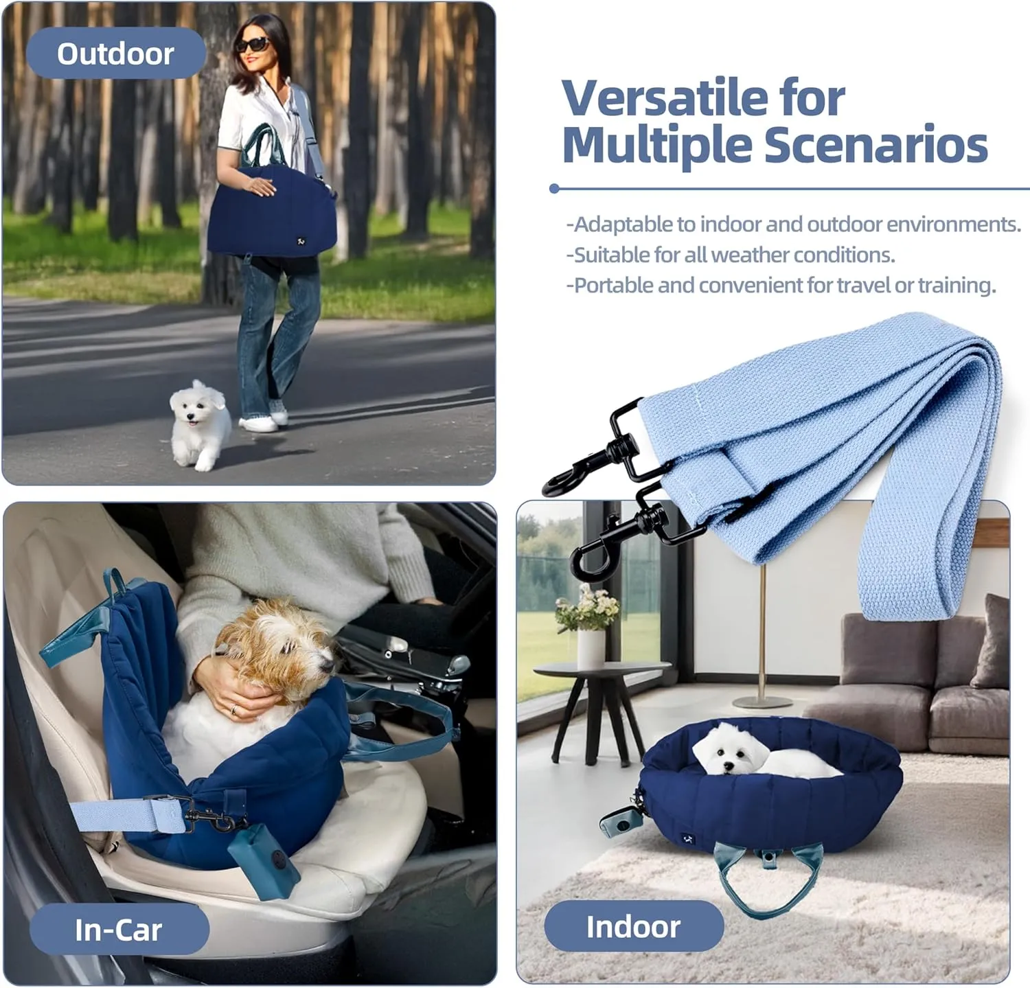 Sytopia Dog Bag Carrier for Small and Medium Dogs, Waterproof and Washable, Travel Pets Purse up to 15 Lbs, Car Seat & Bed, Adjustable Leashes, Navy Blue