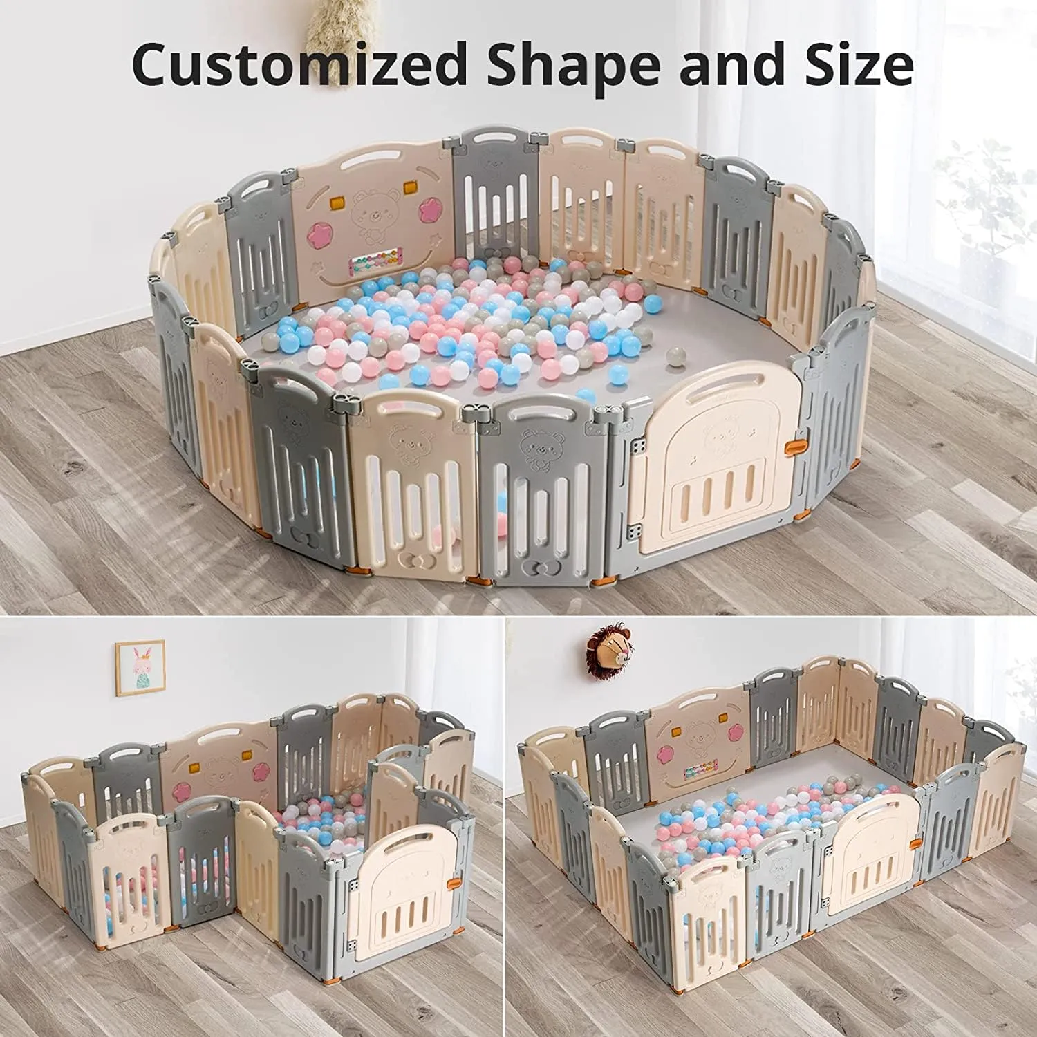 UANLAUO 2-Panel Baby Fence Baby Playpen Foldable Baby Gate Playpen Extension Uanlauo Play Yards Play Area Gate Playpen Portable Toddler Play Yards Adjustable Panels for Safe Playtime (Grey Cream)