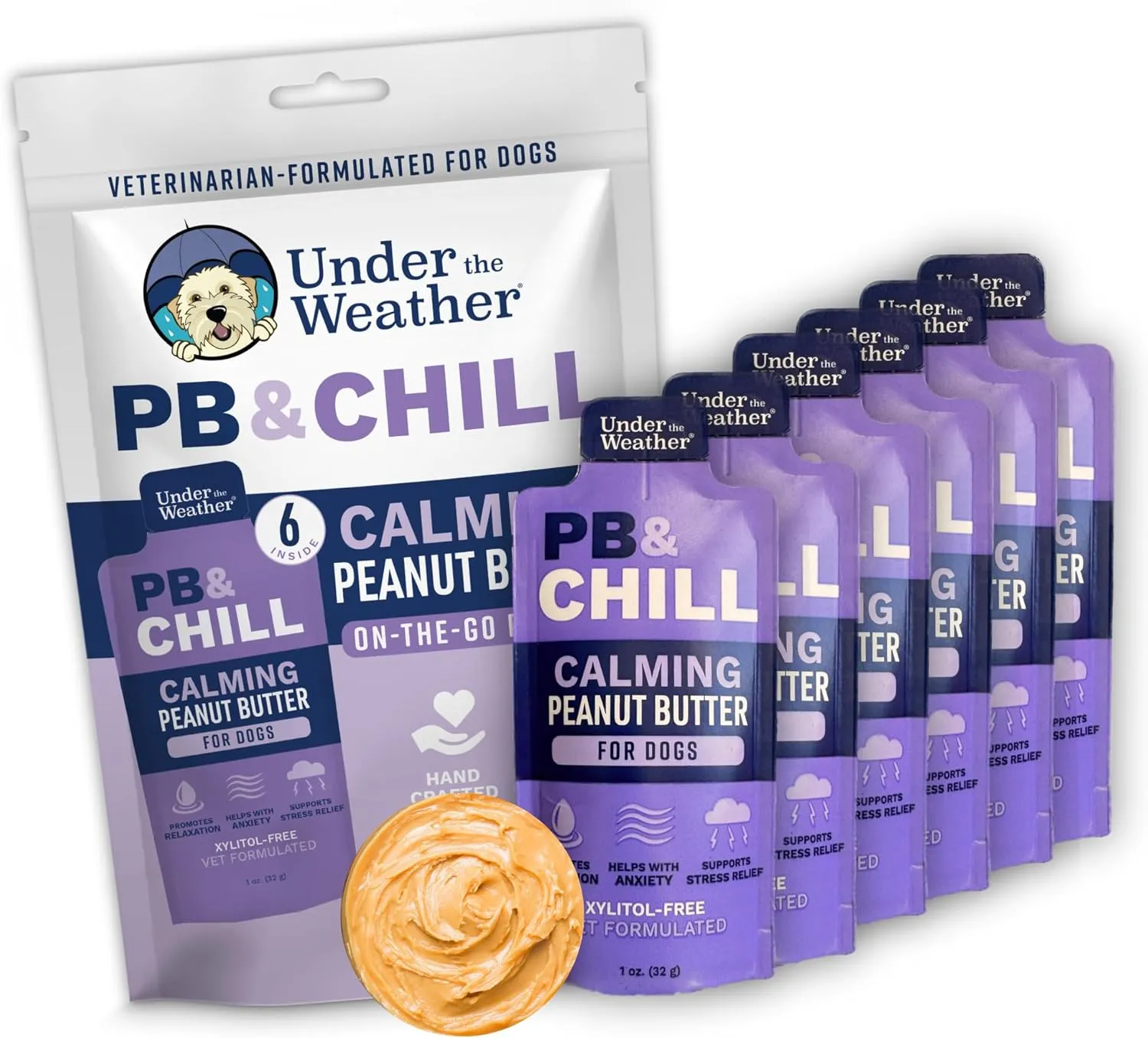 Under the Weather Pet PB & CHILL Dog Peanut Butter Dog Treats | Vet-Formulated 100% Natural and Tasty Calming Treats for Dogs | Promotes Calmness and Relieves Anxiety for Dogs | 1 Oz - Pack of 6